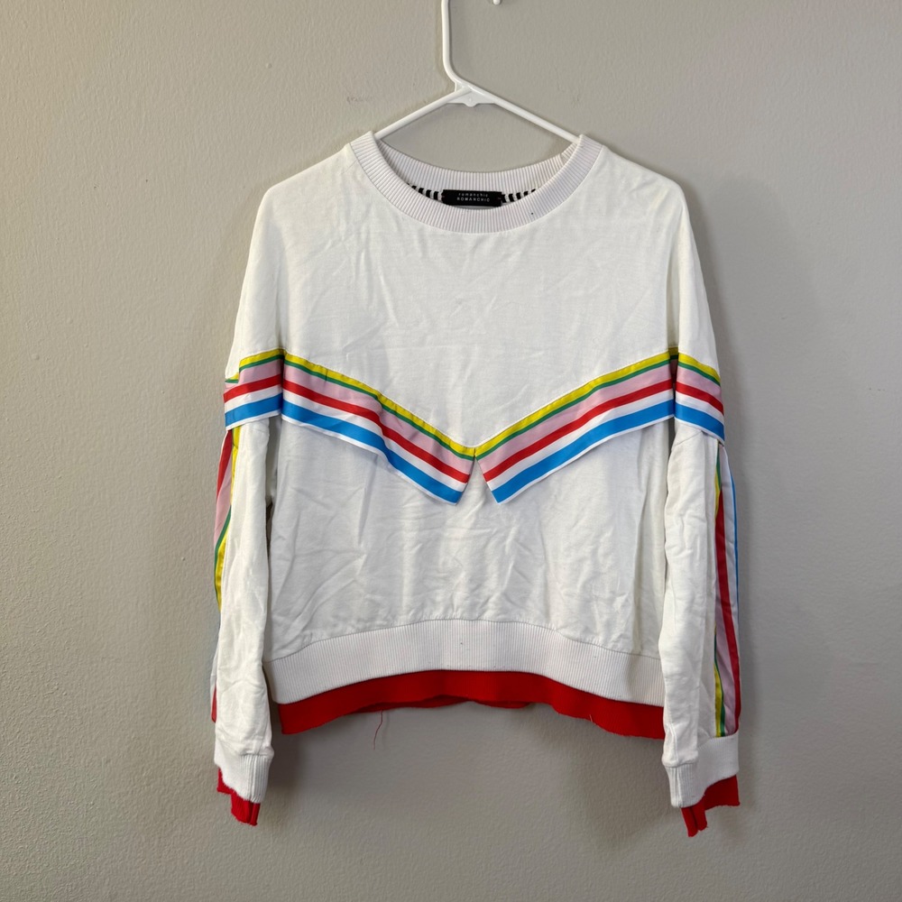 ROMANCHIC White Rainbow Stripe‎ Chevron Sweatshirt Pullover Women's Size S